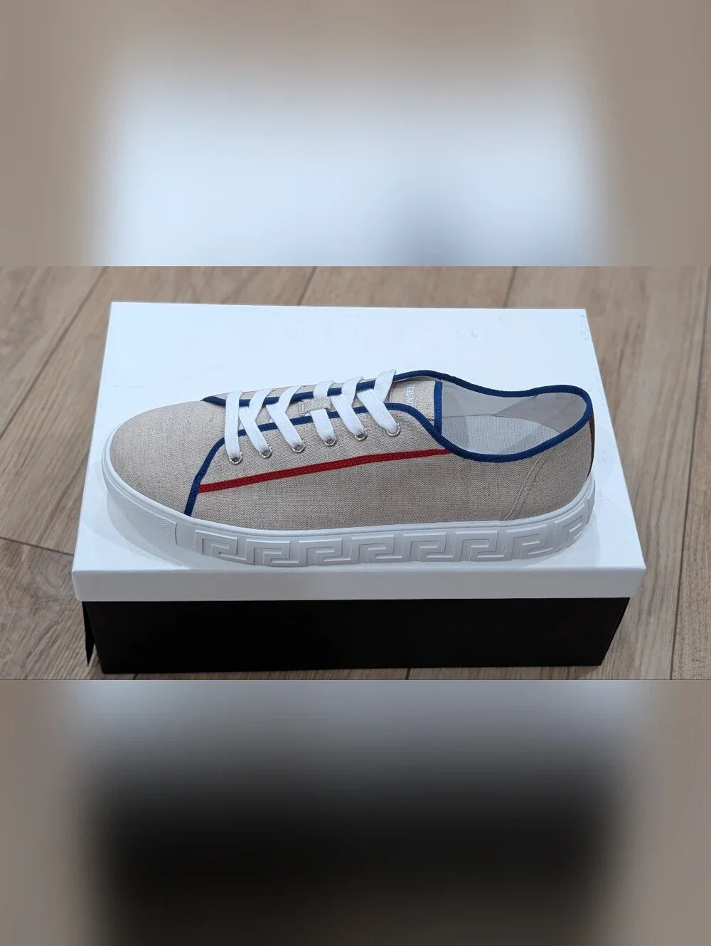 $750 VERSACE Canvas Low-Top Sneakers Beige/Red/Blue Palladium 43 US 10